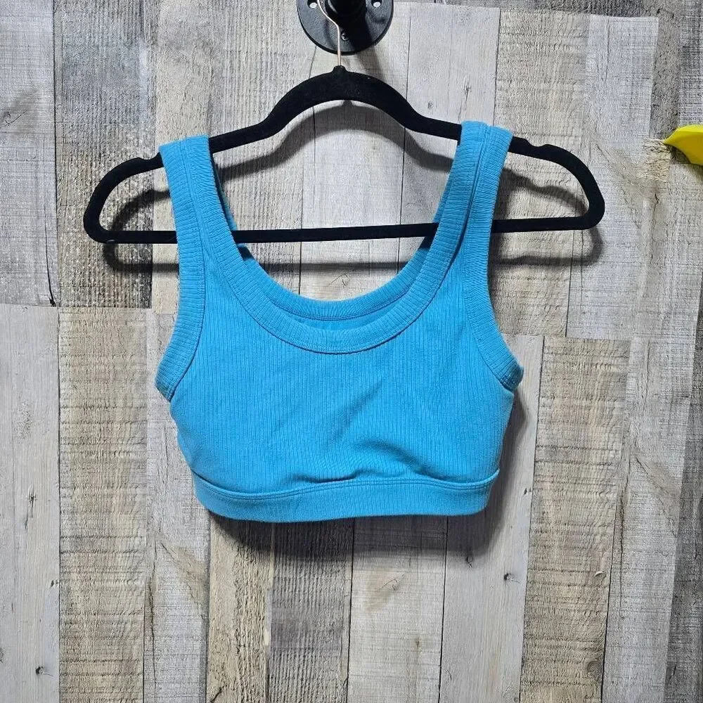 Alo Yoga Wellness Low Impact Ribbed Sports Bra In Blue Small Athletic Workout